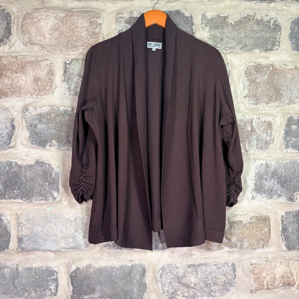 JM Collection Woman Brown Open Front Cardigan Ruched 3/4 Sleeve Plus 2X Layering